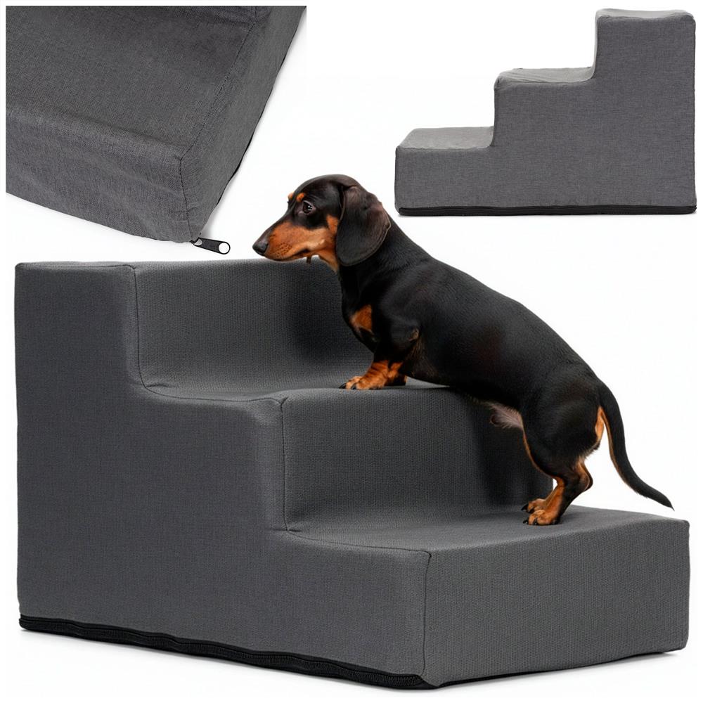 Scara pentru animale de companie, caini sau pisici, 3 trepte, antiderapanta, husa detasabila, inaltime 30 cm, gri inchis
