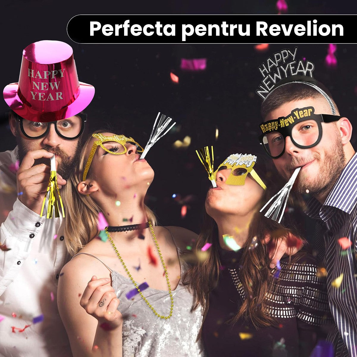 Palarie Happy New Year pentru Revelion, Palarie Festiva de Anul Nou, Palarie Magica din Hartie, 29 x 25 x 15.5 cm, Colorata Sclipitor Roz