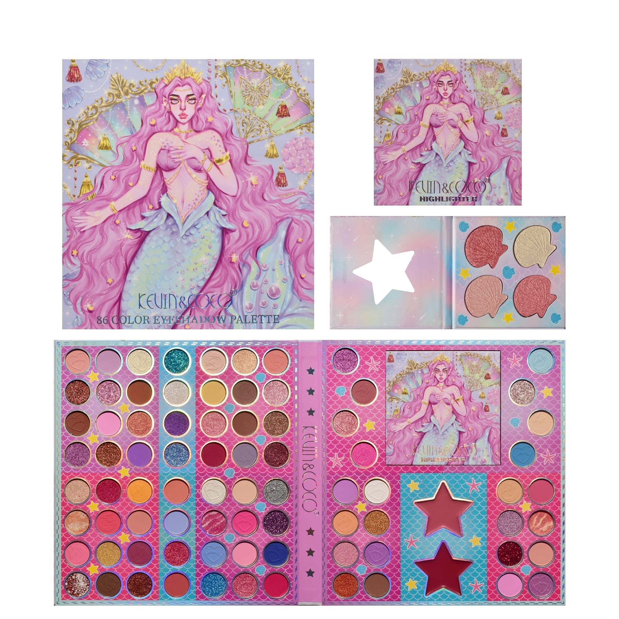 Paleta de Machiaj Profesionala KEVIN & COCO Mermaids, 86 Culori, Trusa Completa pentru Ochi si Fata, Farduri Mate, Sidefate si Glitter, Blush, Iluminator si Contur, Pigmentare Intensa, 23.5 x 25 x 2.1 cm, Multicolor