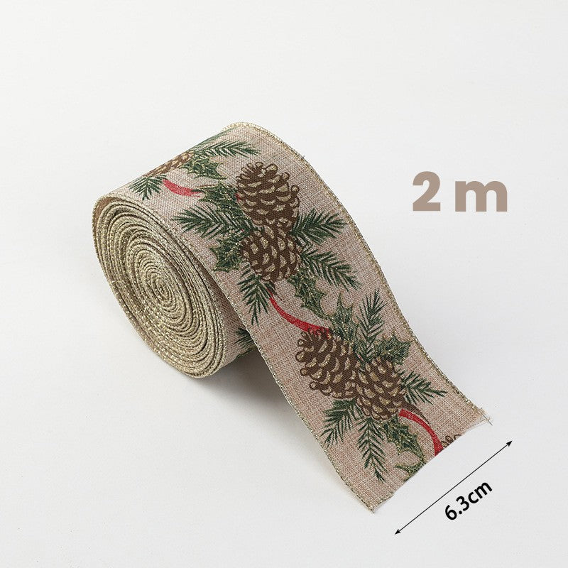 Panglica de Craciun pentru Decor Brad, Panglica Decorativa de Craciun pentru Funde, Imprimeu Conuri de Brad, 200 x 6.3 m, Khaki Verde Maro