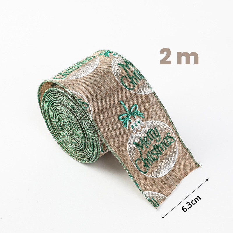 Panglica de Craciun pentru Decor Brad, Panglica Decorativa de Craciun pentru Funde, Imprimeu Globulet Merry Christmas, 200 x 6.3 m, Khaki Alb Verde