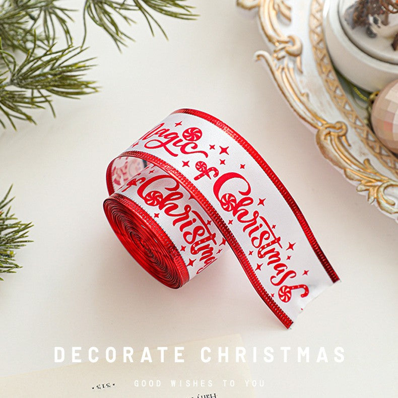 Panglica Decorativa cu Tematica de Craciun, Set din 4 bucat + 1 Rulon Ata Rosie Alba, Panglica pentru Cadou de Craciun Brad si Decor, 2 M per bucata, Model HO HO HO, Rosu