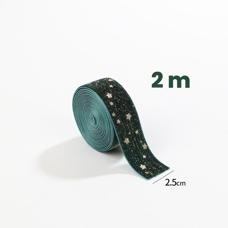 Panglica Decorativa de Craciun, Flippy, Panglica din Panza cu aspec de Catifea, Funda Ornament, Model cu Stele Aurii, Decor pentru Brad de Craciun, 200 x 2.5 cm, Verde