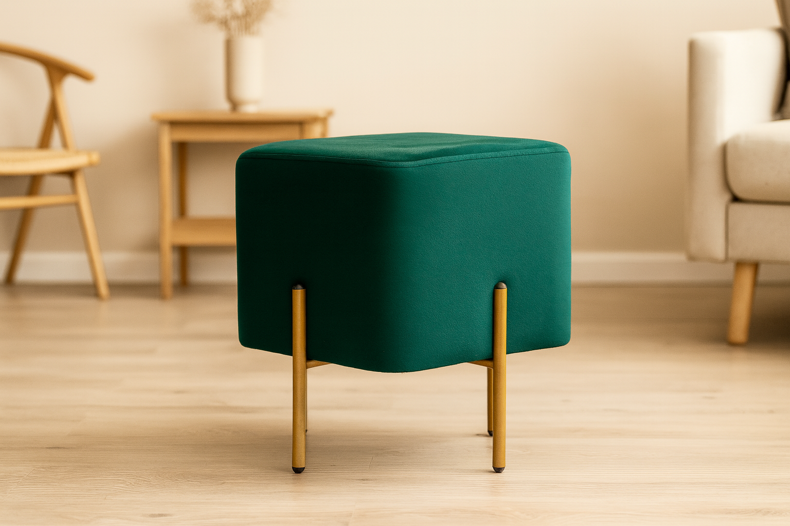 Taburet patrat, tapitat cu stofa, picioare otel, sarcina 100kg, 35x35x40 cm, verde