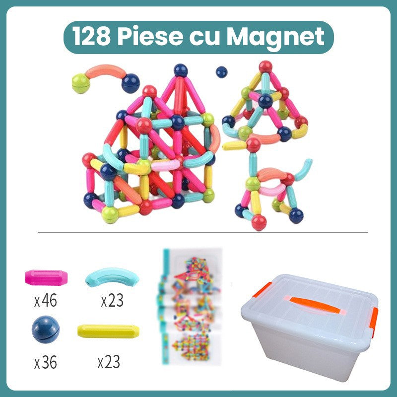 Piese Magnetice pentru Copii, Set din 128 de Piese de diferite Culori, Constructor Magnetic cu Posibilitatea de a Construii forme Nelimitate, Multicolor