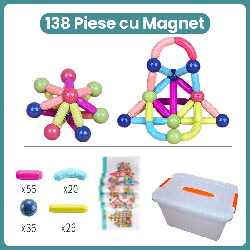 Piese Magnetice pentru Copii, Set din 138 de Piese de diferite Culori, Constructor Magnetic cu Posibilitatea de a Construii forme Nelimitate, Multicolor