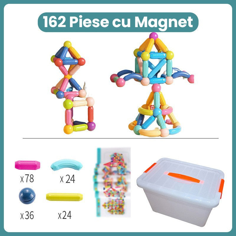 Piese Magnetice pentru Copii, Set din 162 de Piese de diferite Culori, Constructor Magnetic cu Posibilitatea de a Construii forme Nelimitate, Multicolor