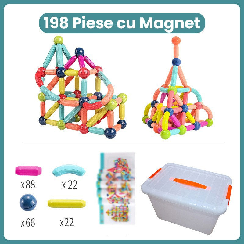 Piese Magnetice pentru Copii, Set din 198 de Piese de diferite Culori, Constructor Magnetic cu Posibilitatea de a Construii forme Nelimitate, Multicolor