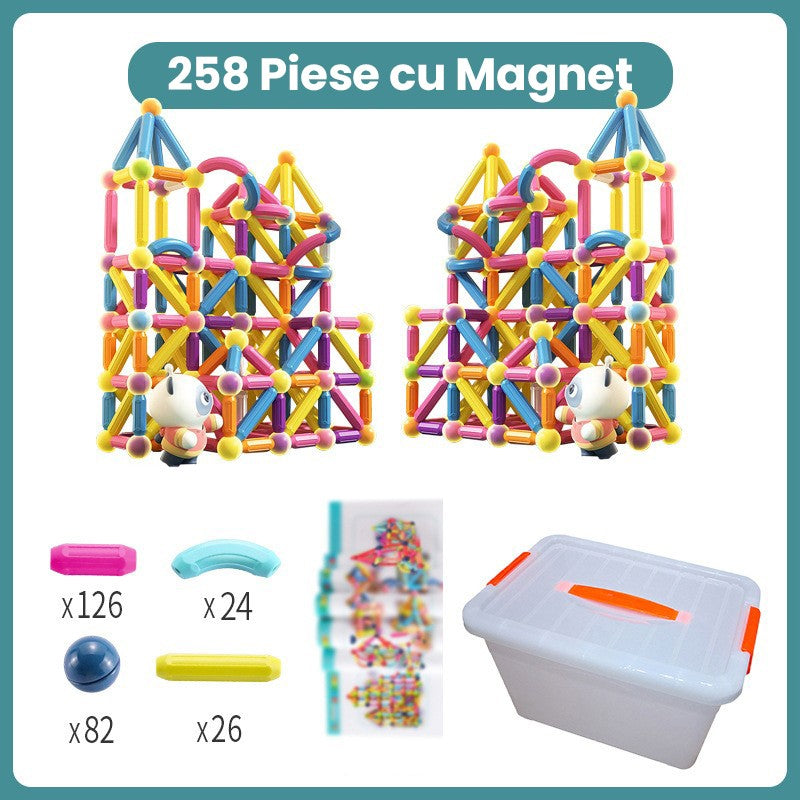 Piese Magnetice pentru Copii, Set din 258 de Piese de diferite Culori, Constructor Magnetic cu Posibilitatea de a Construii forme Nelimitate, Multicolor