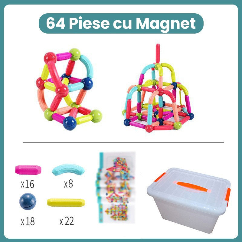 Piese Magnetice pentru Copii, Set din 64 de Piese de diferite Culori, Constructor Magnetic cu Posibilitatea de a Construii forme Nelimitate, Multicolor