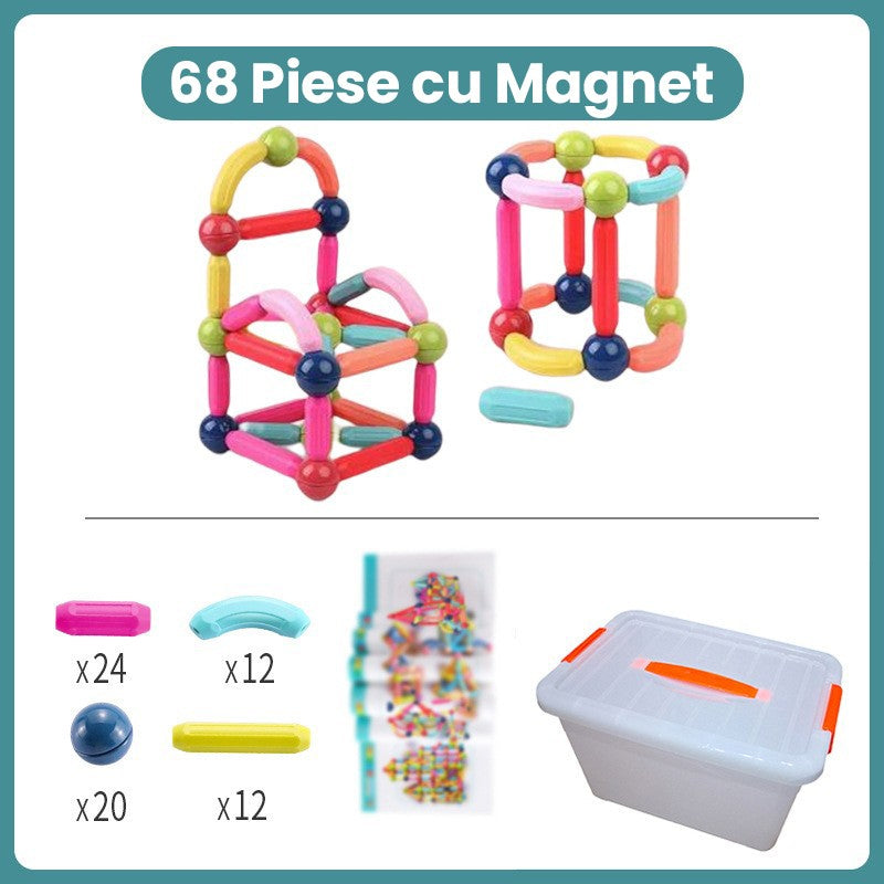 Piese Magnetice pentru Copii, Set din 68 de Piese de diferite Culori, Constructor Magnetic cu Posibilitatea de a Construii forme Nelimitate, Multicolor