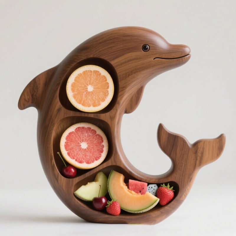 Platou pentru Servire, in Forma de Delfin, 3 Compartimente pentru Mezeluri, Branzeturi, Snacksuri, Fructe, Design Artistic, din Lemn Masiv, 26 x 25 x 4 cm, Maro Natur