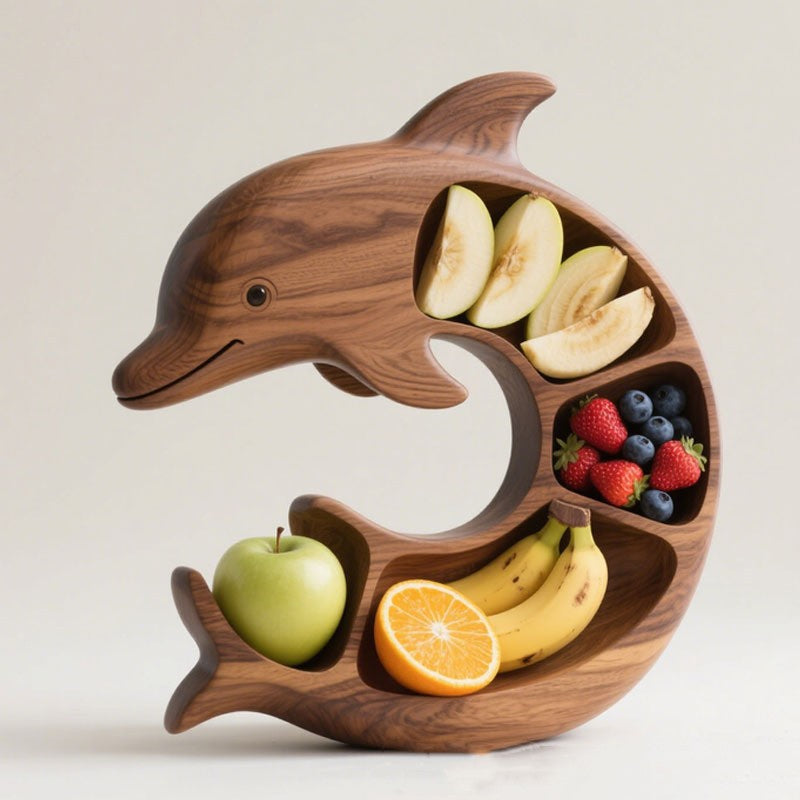 Platou pentru Servire, in Forma de Delfin, 4 Compartimente pentru Mezeluri, Branzeturi, Snacksuri, Fructe, Design Artistic, din Lemn Masiv, 26 x 25 x 4 cm, Maro Natur