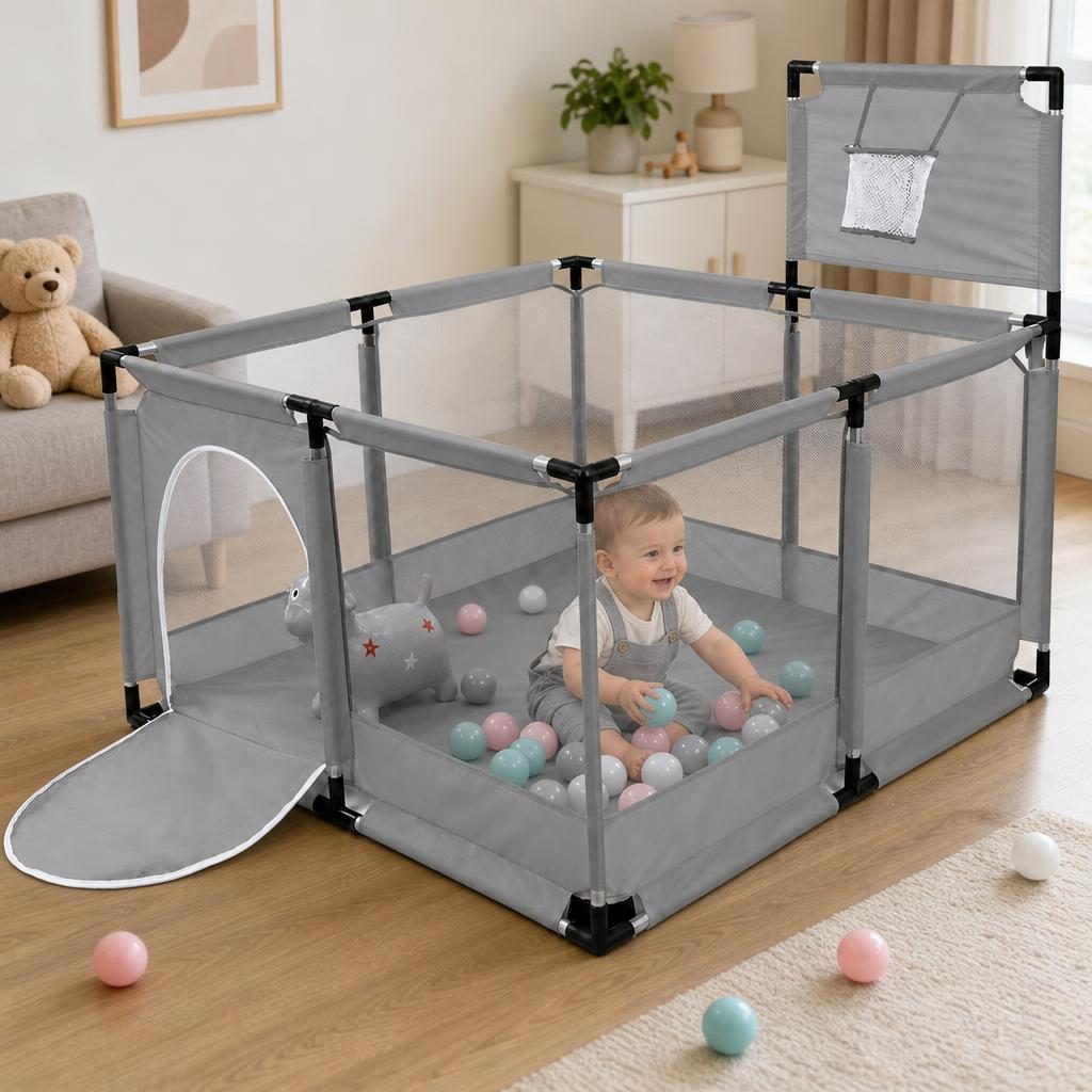 Tarc de Joaca pentru Copii DNT-106, Model Spatiu Basketball, 126 x 126 x 65 cm, Structura de Protectie pentru Interior, ABS si Poliester rezistent, Gri