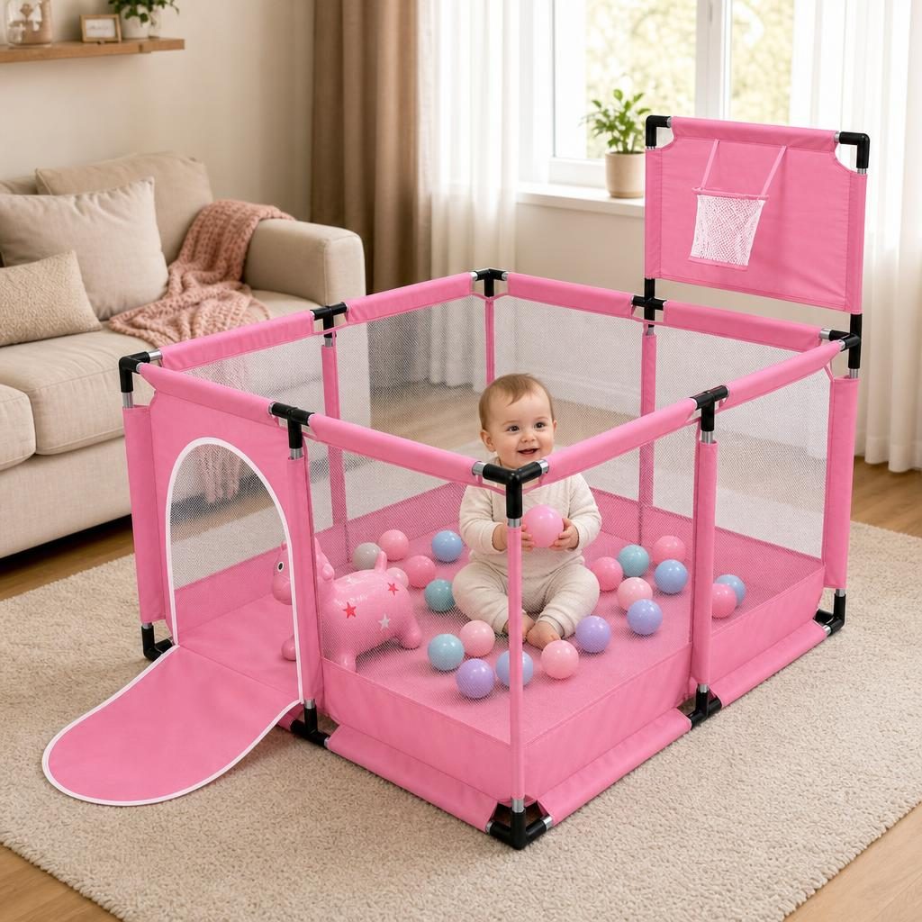 Tarc de Joaca pentru Copii DNT-106, Model Spatiu Basketball, 126 x 126 x 65 cm, Structura de Protectie pentru Interior, ABS si Poliester rezistent, Roz