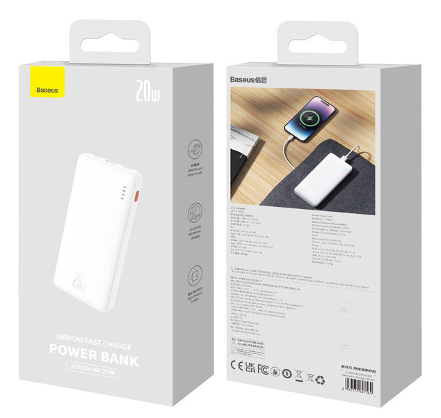 POWER BANK Baseus Airpow, 10000mAh, 20W, 1 x USB; 1 x USB Type-C input/output, total 3A, include cablu USB la USB Type-C de 30cm, alb, "PPQD090002" - 6932172626891