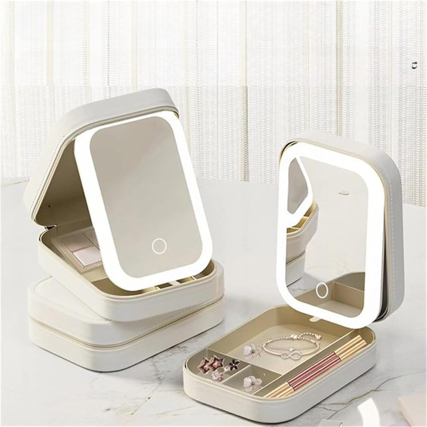 Portfard, Geanta Cosmetice, cu Oglinda LED, 3 Moduri de Lumina, Incarcare USB, Baterie 1200 mAh, pentru Organizarea Cosmeticelor, 4 Compartimente, Imitatie Piele, Alb, 16.5x11.5x6 cm