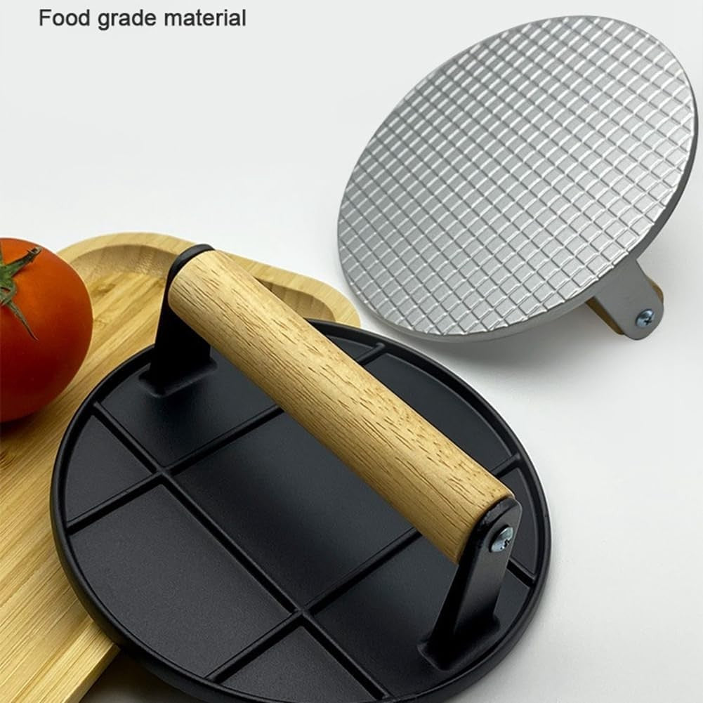 Presa Manuala pentru Carne, Flippy, din Aliaj de Aluminiu, Maner din Lemn, Presa pentru Burgeri, Usor de Curatat si Folosit, Rotunda, 16x16x6 cm, Gri