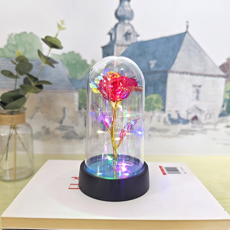 Trandafir in Cupola, cu Lumina Led Multicolora, Baterii, 8.5 x 15 cm, Rosu
