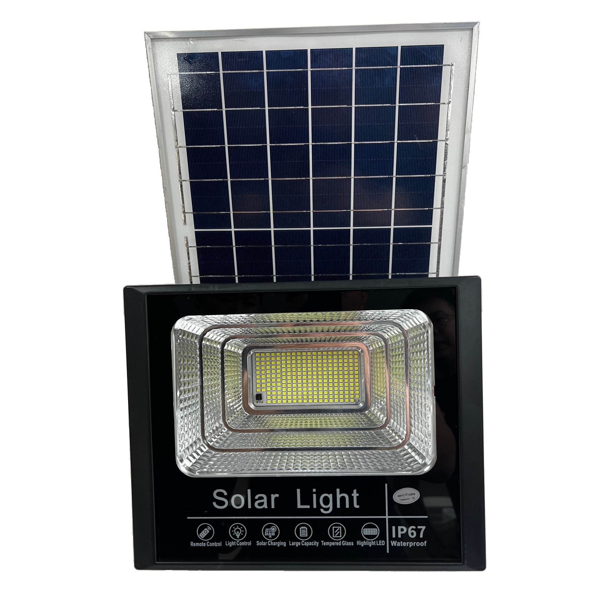 Proiector LED/Lampa solara de exterior, 22 cm x 27 cm, Rezistent la Apa IP67, cu Panou Solar, 248 LED SMD, 150 W, Senzor de lumina, Timer, cu Telecomanda, 2 moduri de iluminat, kit montaj inclus, Lumina Rece