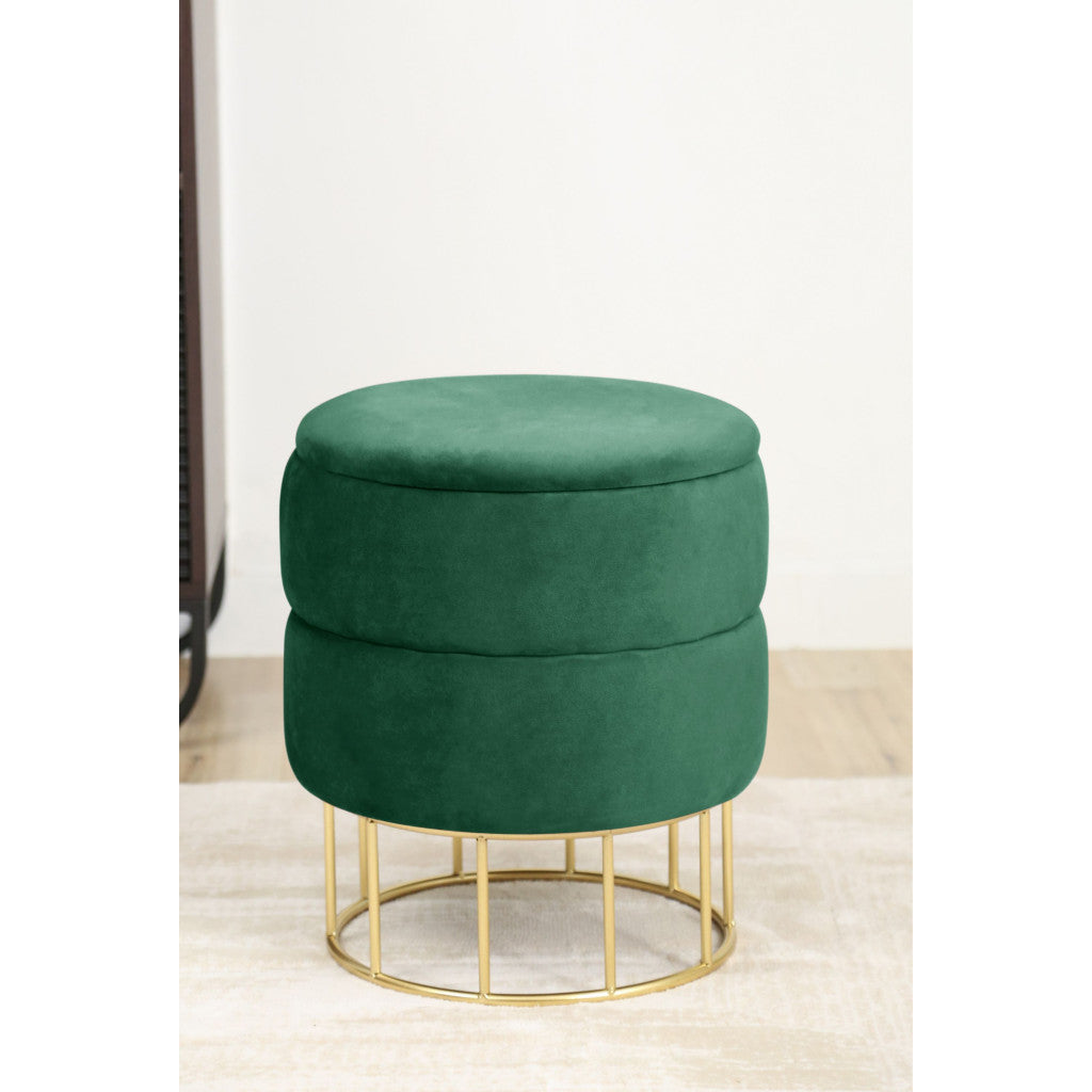 Taburet tapitat rotund Elza cu spatiu de depozitare, velur, 37x37x42 cm, verde smarald