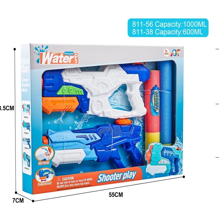 Set 2x Pistol cu Apa pentru Copii, Rezervor, Pentru Piscina/Plaja, 6ani+, Alb/Albastru + Albastru, 1000 ML + 600 ML