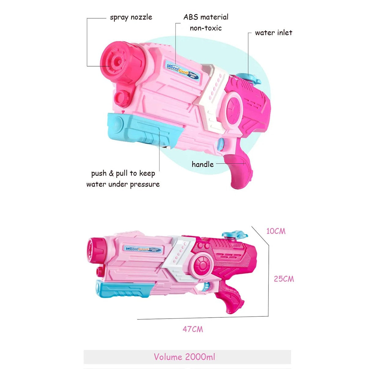 Pistol cu Apa pentru Copii, Rezervor, Pentru Piscina/Plaja, 6ani+, Roz, 2000ML