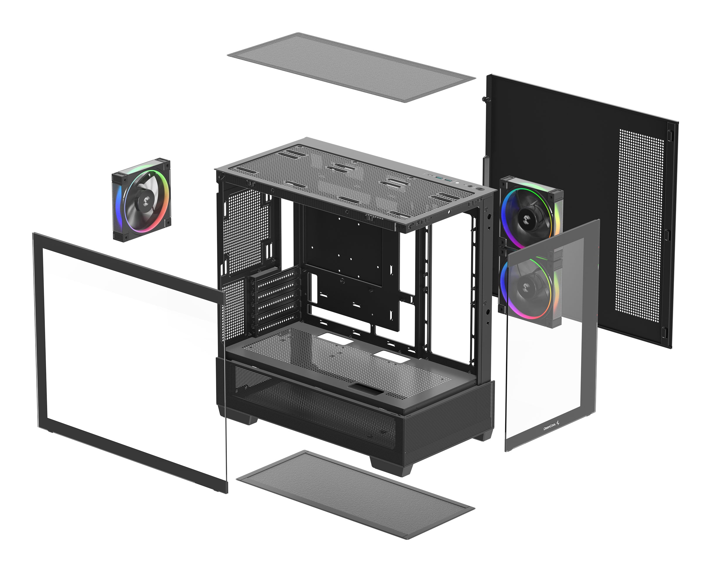 CARCASA DeepCool "CG380", middle tower, gaming, fara sursa, suporta 9xfan, 3xfan inclus, PSU shroud, USB Type-C x 2, USB 3.2 gen 1 x 2, audio+mic, 5 sloturi expansiune, negru, "R-CG380-BKAGM3-G"