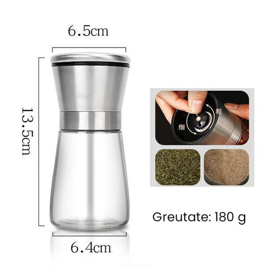 Rasnita Manuala pentru boabe, Flippy, Rasnita pentru Piper Sare Cafea, din Sticla cu Otel inoxidabil, 13.5 x 6.5 cm, volum 180 ml, Transparenta cu Capac din Inox