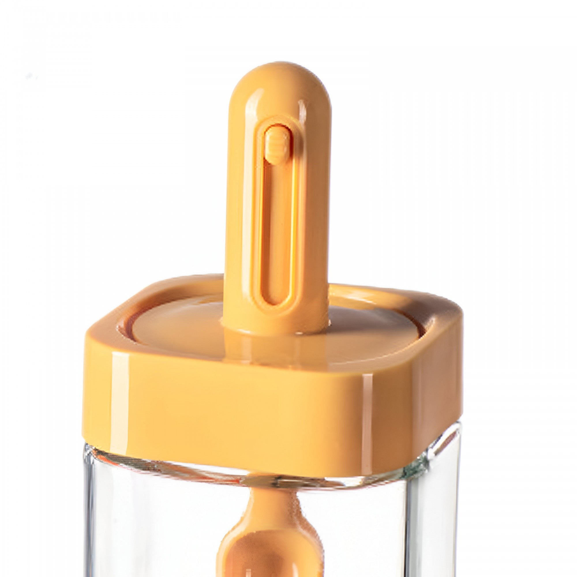 Recipient pentru Depozitarea Condimentelor, Borcan din Sticla, Capac si Lingura Incorporate, Uz Casnic, 300 ml, 7.1x7.1x14.8 cm, Portocaliu