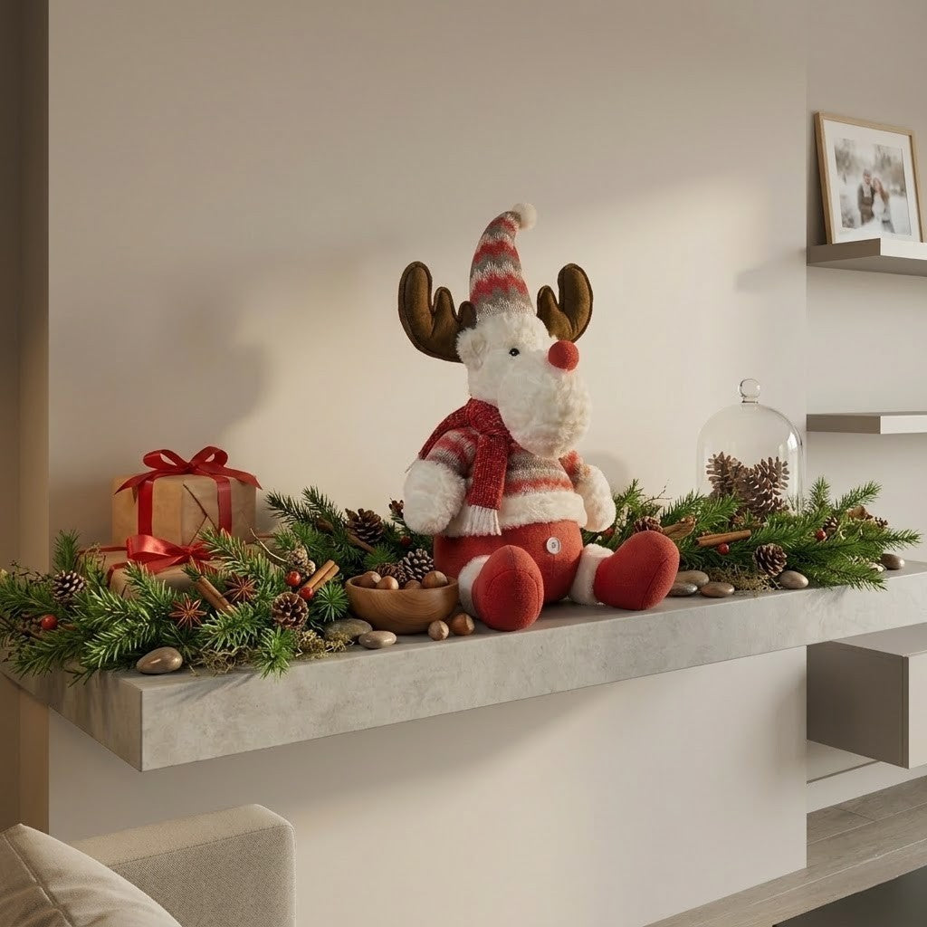 Ren De Plus Festiv, Ren cu Nas Rosu si Pulover, Decoratiune De Craciun, Ornament De Pus Pe Polita Sau Sub Brad, 38 cm, Multicolor