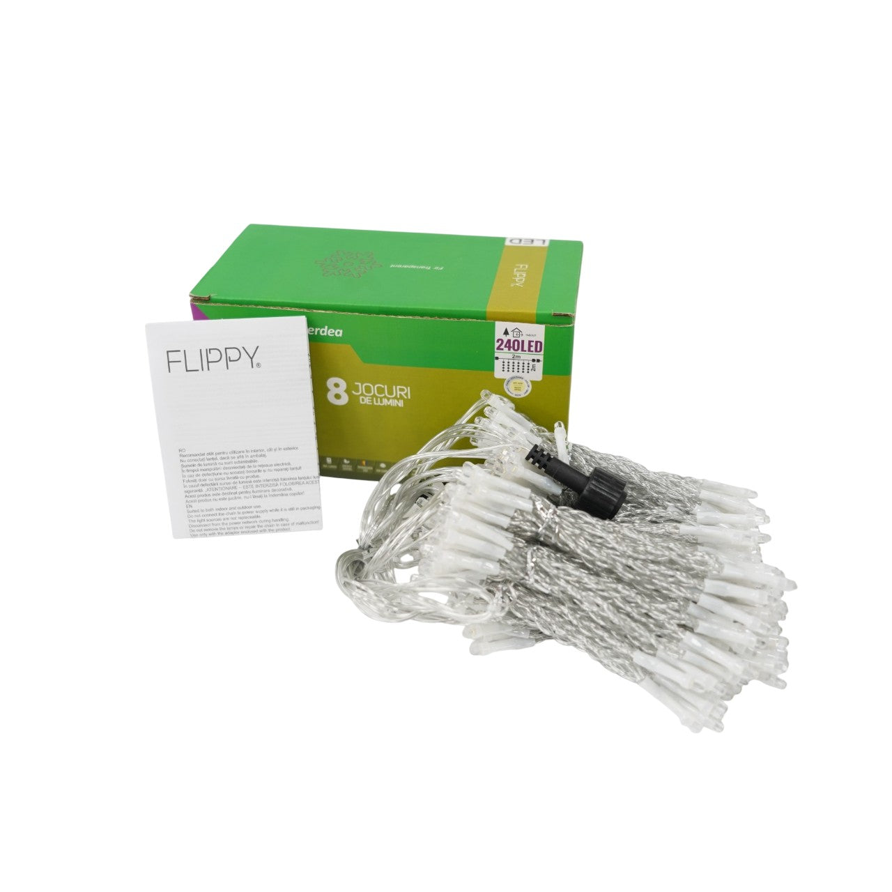 Sectiune Instalatie de Craciun Tip Perdea, 8 jocuri de lumini, 2m x2 m, 240 LED-uri, Interconectabila, Fir Transparent, Alb-cald