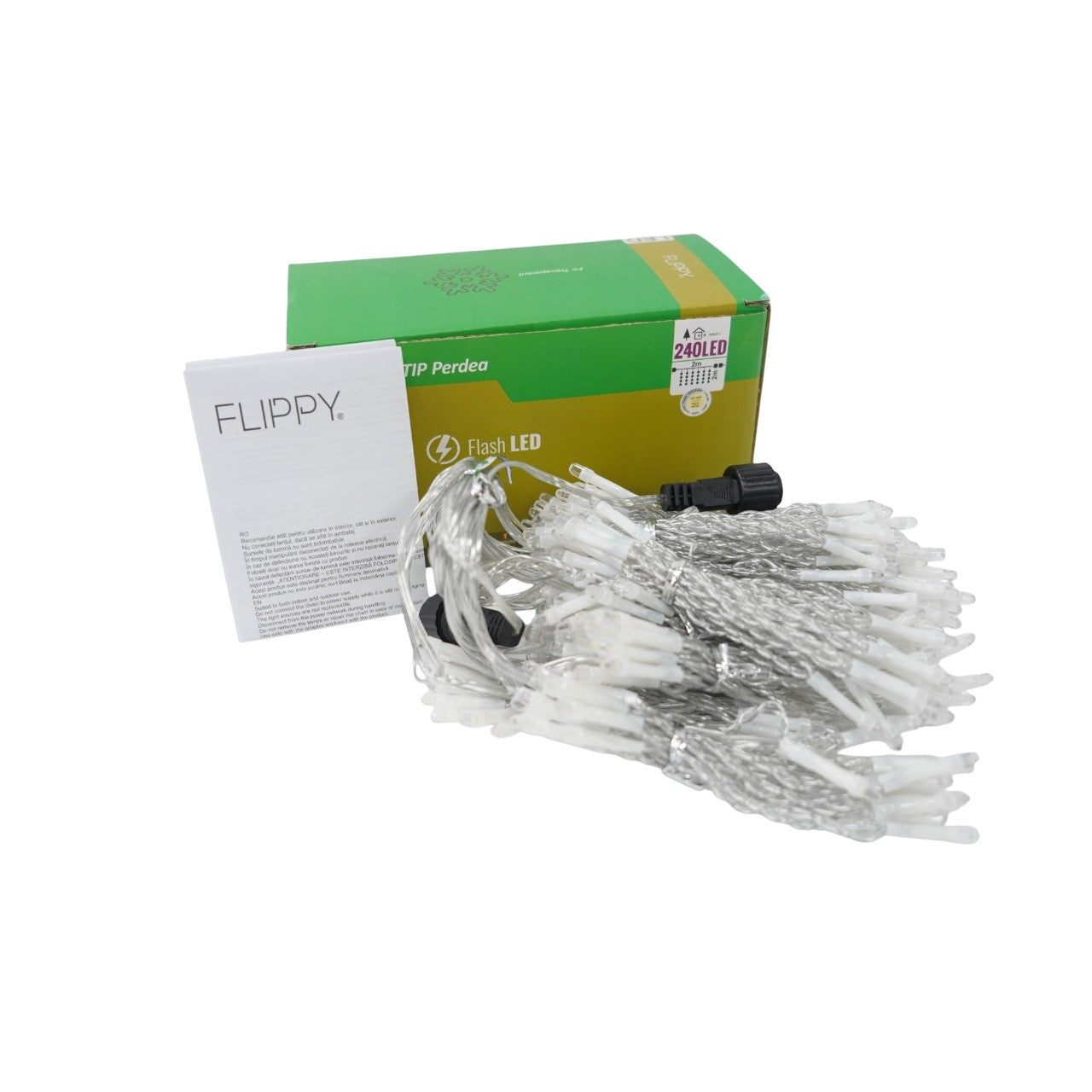 Sectiune Instalatie de Craciun, Tip Perdea, cu Flash,2 X 2 m, 240 LED-uri, Interconectabila, Fir Transparent, Alb Cald