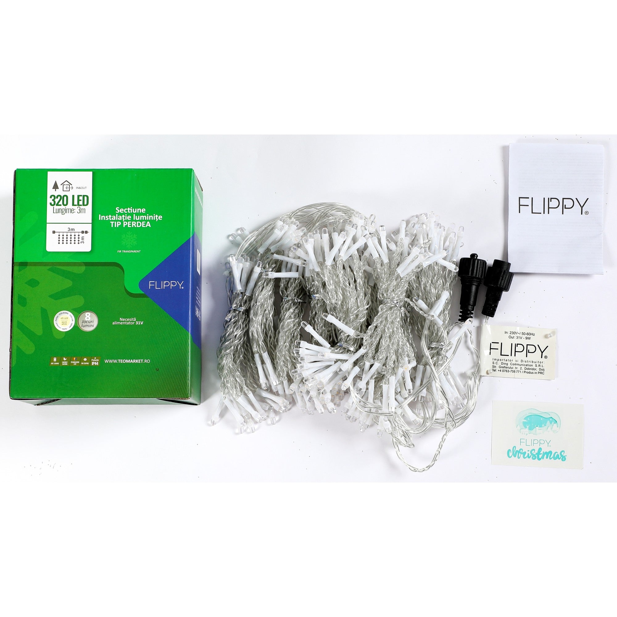 Sectiune Instalatie de Craciun Tip Perdea, cu 8 jocuri de lumini, 3 m x 3 m, 320 LED-uri, Interconectabila, Fir Transparent, Alb Cald