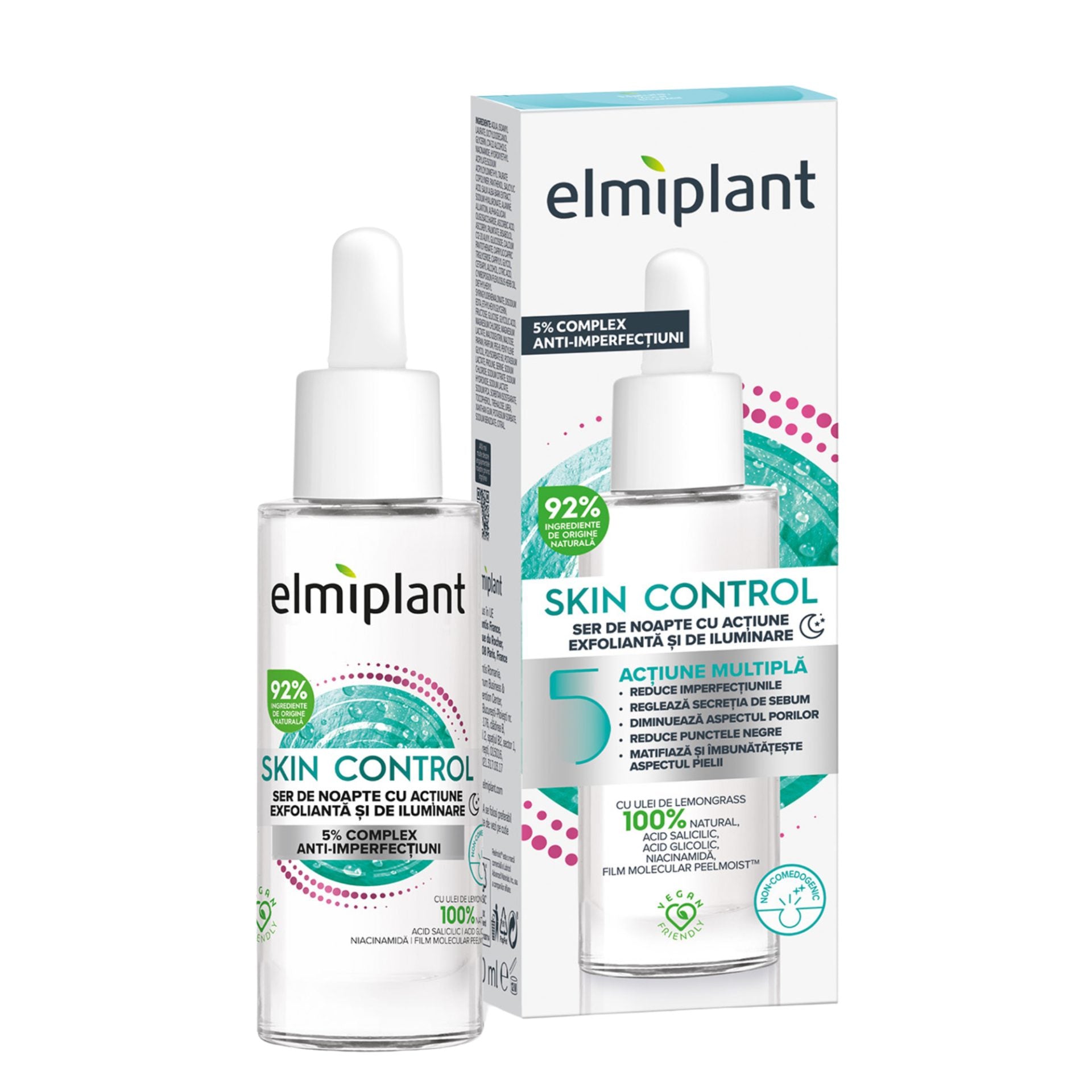 Ser de Noapte, Elmiplant, Skin Control cu Actiune Exfolianta si de Iluminare, 30 ml
