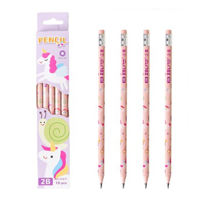 Set 10 Creioane Negre, Flippy, 2B, pentru Elevi Scoala, cu Radiera, Model Roz cu Unicorni