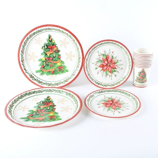 Set 10 Farfurii Unica Folosinta, 23 cm, Model Brad de Craciun, Multicolor