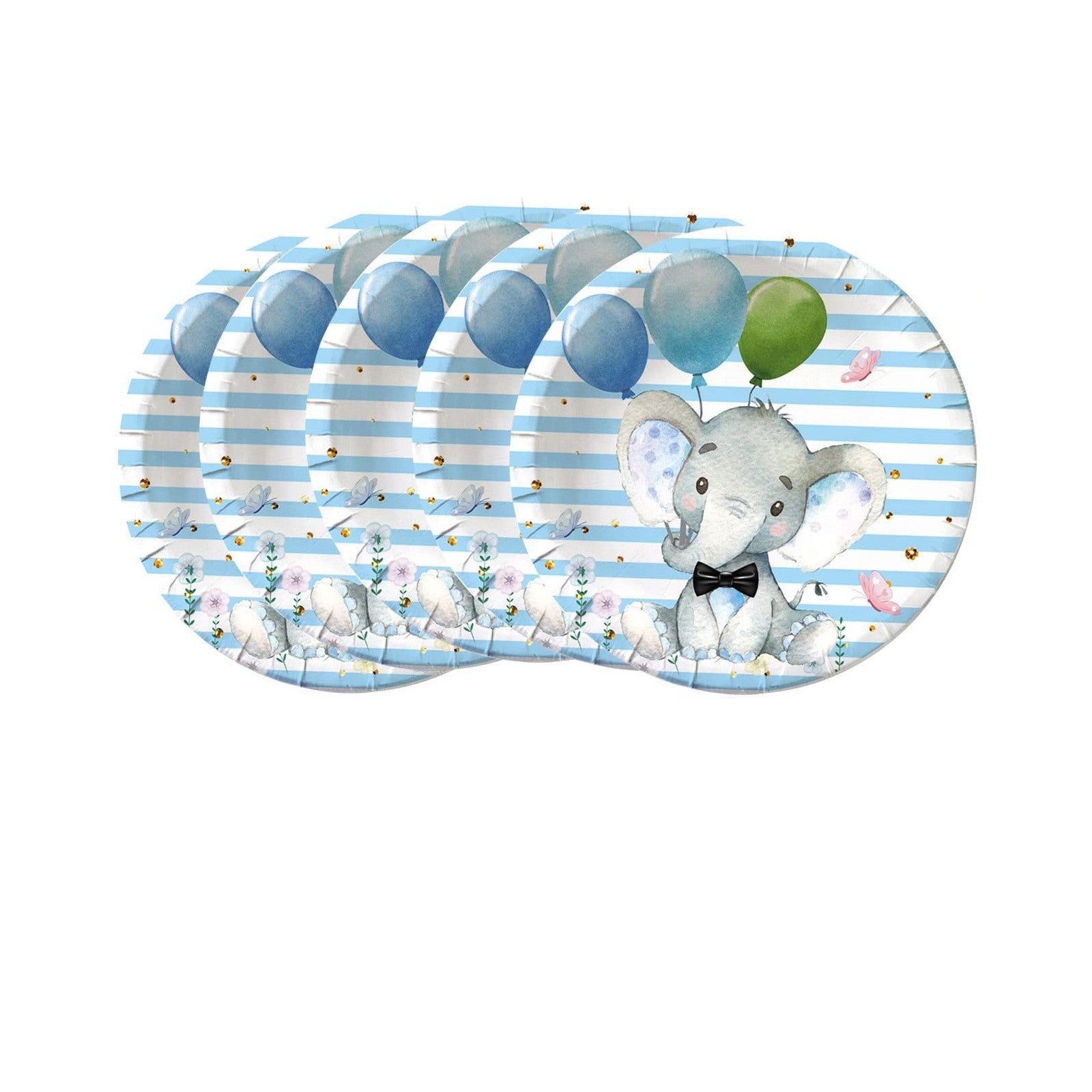 Set 10 Farfurii Unica Folosinta, Imprimeu Elefant, din Carton, 22 cm, Albastru