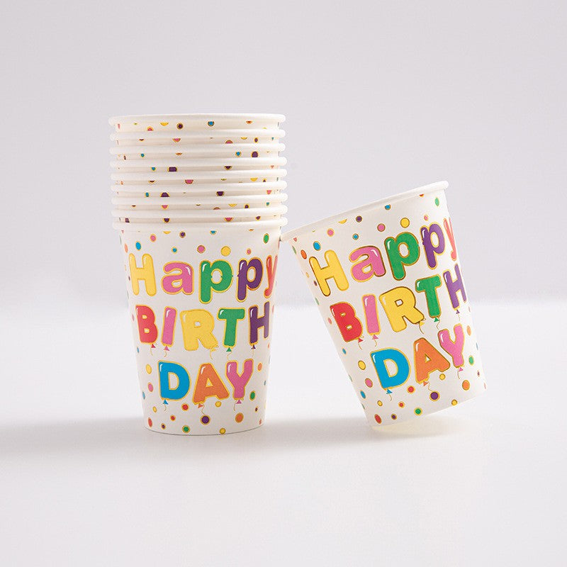 Set 10 Pahare, Imprimeu Happy Birthday, din Carton, 250 ml, 7.5 x 8.5 cm, Multicolor