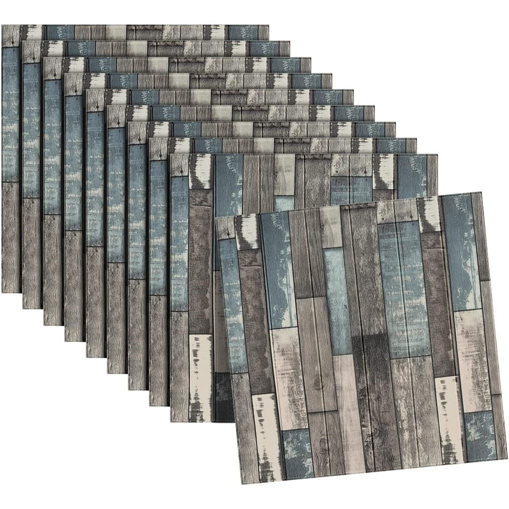 Set 10 Placi Tapet 3D, 70 x 70 cm, Grosime 3 mm, din Rasina, Tip Placi de Lemn, Suprafata Acoperita 4.9 mp, Gri/Albastru