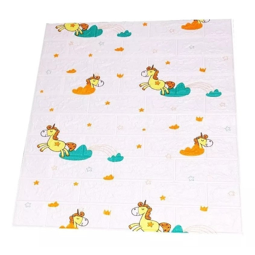 Set 10 Placi Tapet 3D, 70 x 77 cm, Grosime 3 mm, din Polietilena, Tip Caramida, Model Unicorni, Suprafata acoperita 5.3 mp, Alb