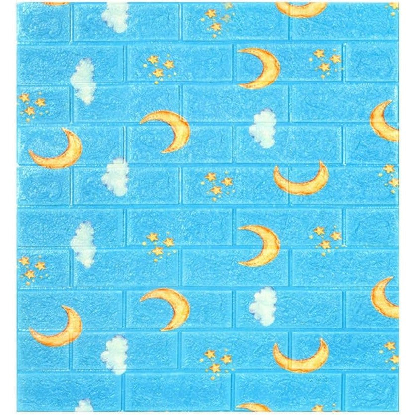 Set 10 Placi Tapet 3D, 70 x 77 cm, Grosime 3 mm, din Polietilena, Tip Caramida, Model Luna, Suprafata acoperita 5.3 mp, Albastru