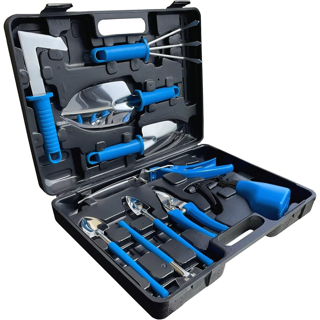 Set 10 Unelte de Gradina, pentru Plantare Prelucrare Sol si Ingrijire Plante, Manere Albastre, Material PVC si Otel Inoxidabil, Cutie Inclusa, 37x28x7 cm, Negru