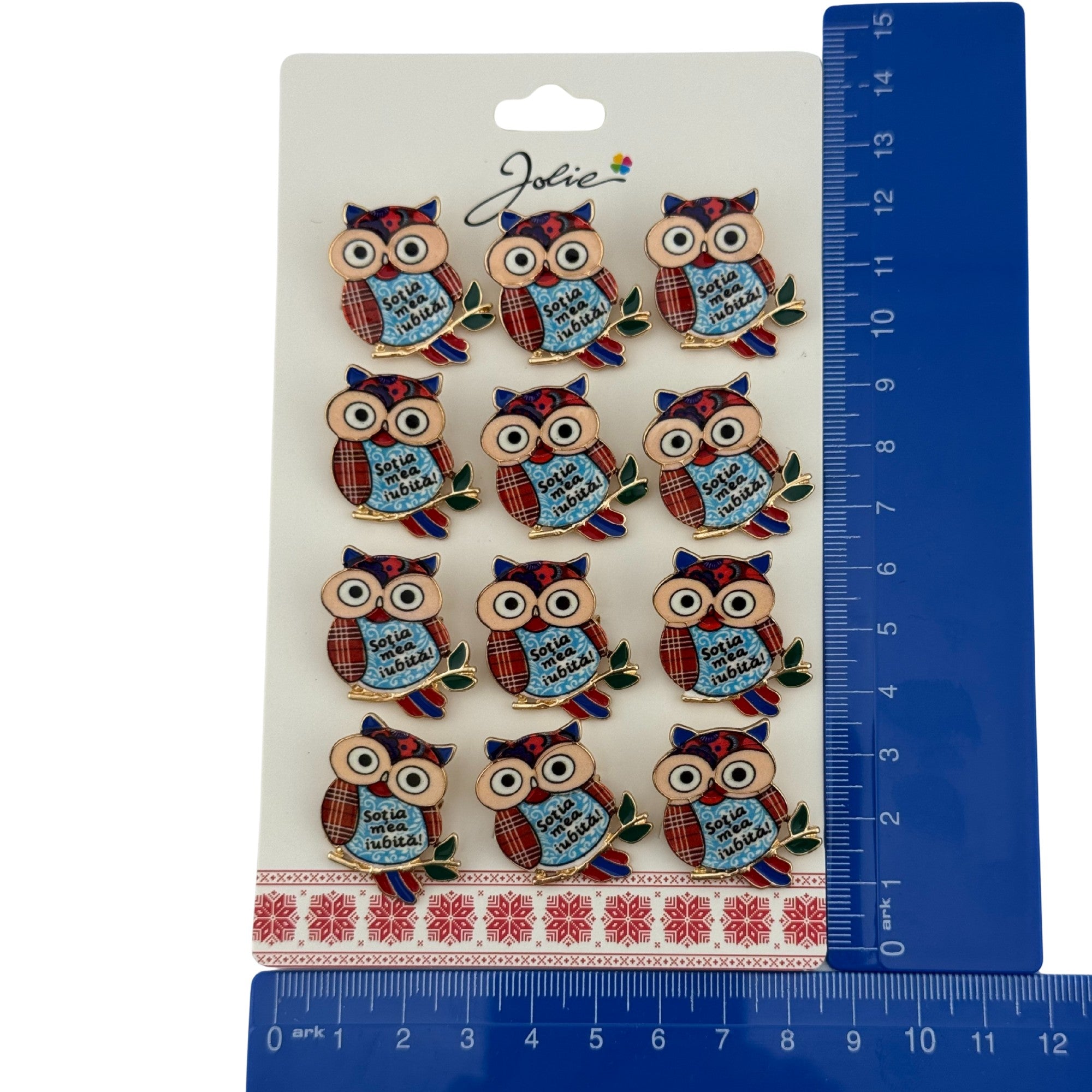 Set 12 Brose Martisor Primavara, Model Bufnita, cu Mesaj Sotia Mea Iubita, Multicolor