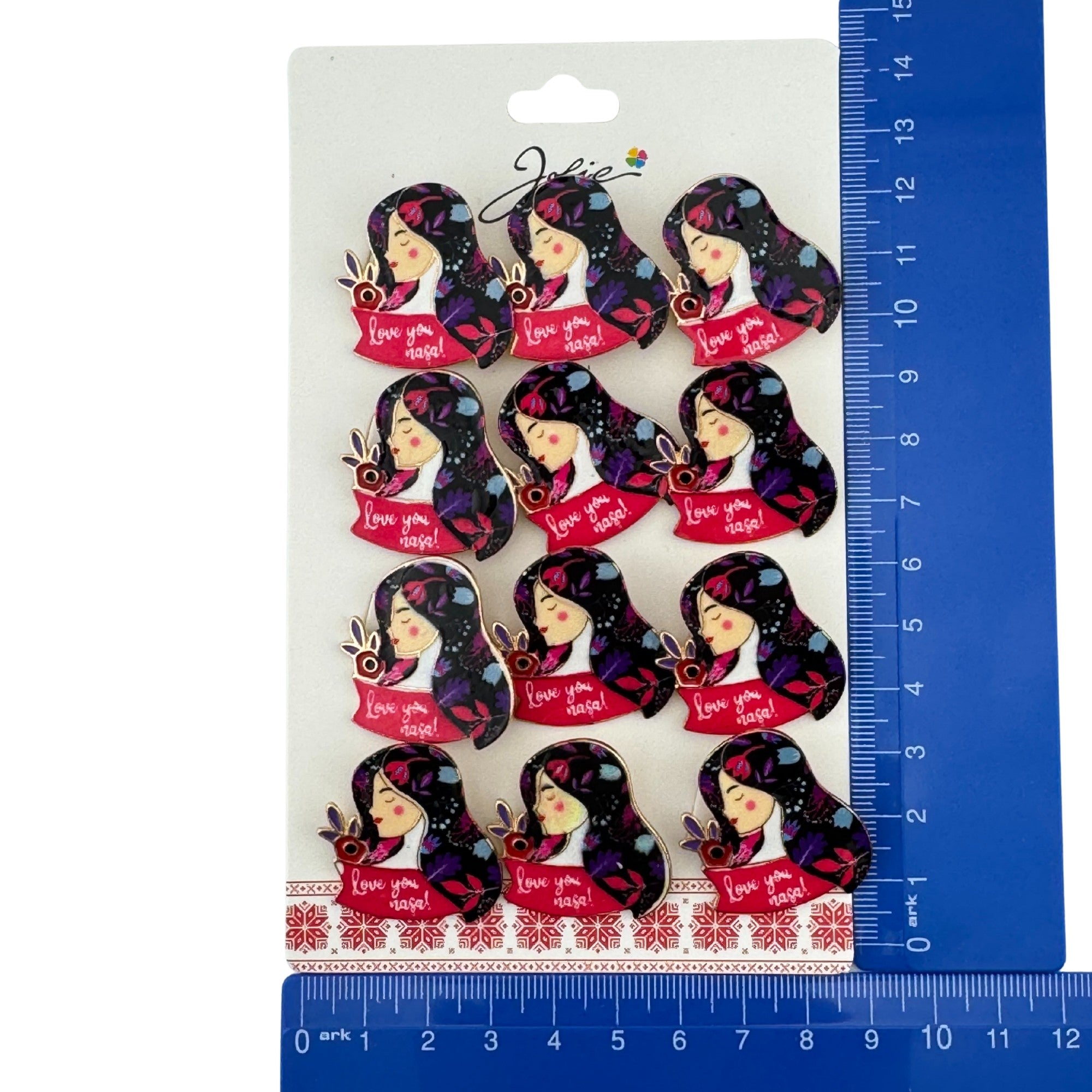 Set 12 Brose Martisor Primavara, Model Fata, cu Mesaj Love You Nasa, Multicolor