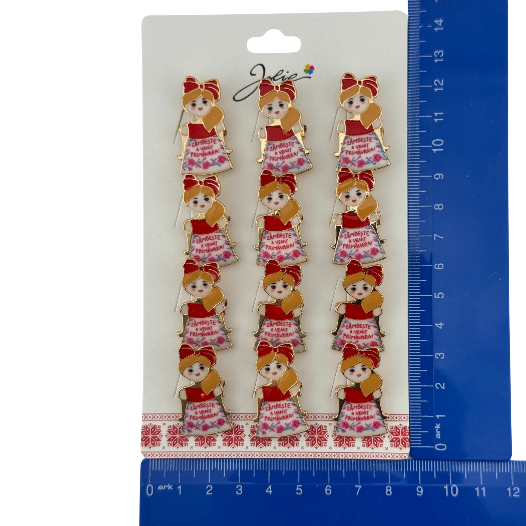 Set 12 Brose Martisor Primavara, Model Fata, Mesaj Zambeste a Venit Primavara, Multicolor