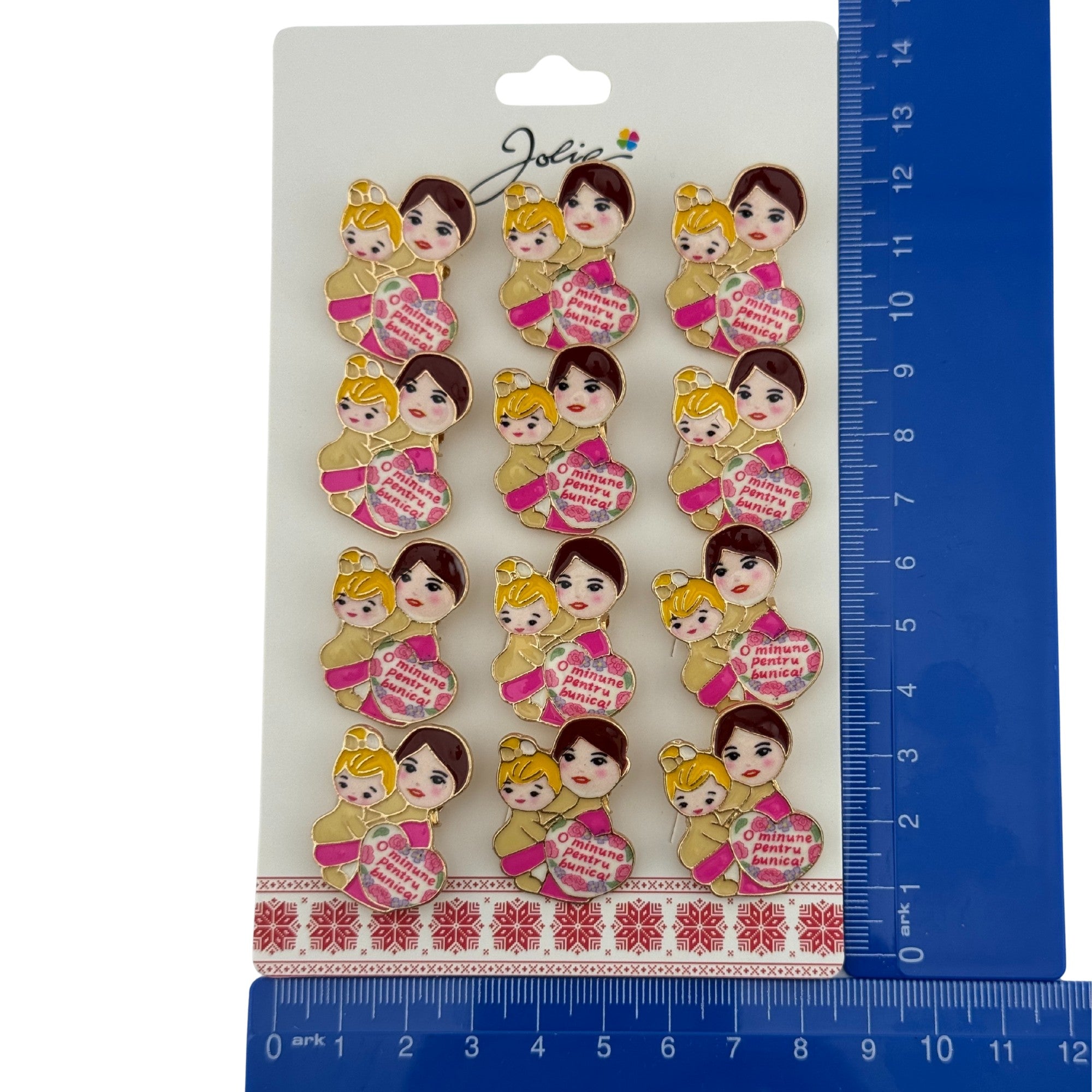Set 12 Brose Martisor Primavara, Model Femeie si Copil, cu Mesaj O Minune Pentru Bunica, Multicolor