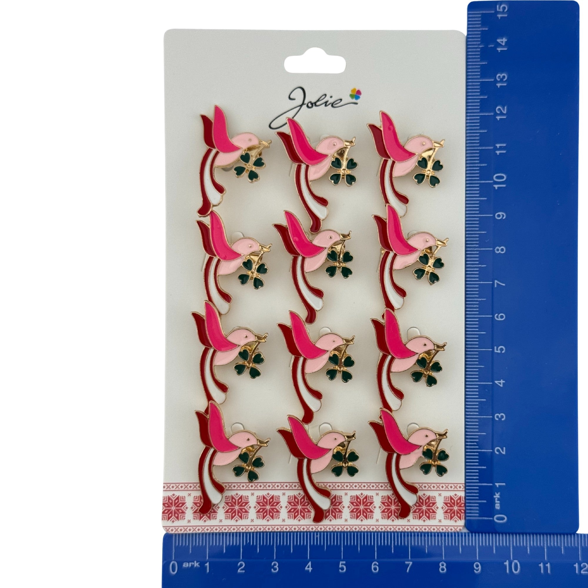 Set 12 Brose Martisor Primavara, Model Pasare cu Trifoi in Cioc, Roz