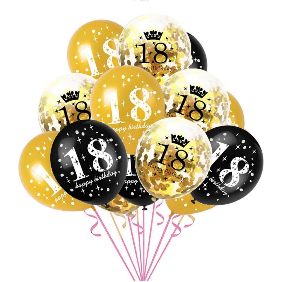 Set 18 Baloane Majorat, Flippy, din Latex, Metalizate, Mesaj 18 Happy Birthday, 30 cm, cu Confetti, Auriu/Negru