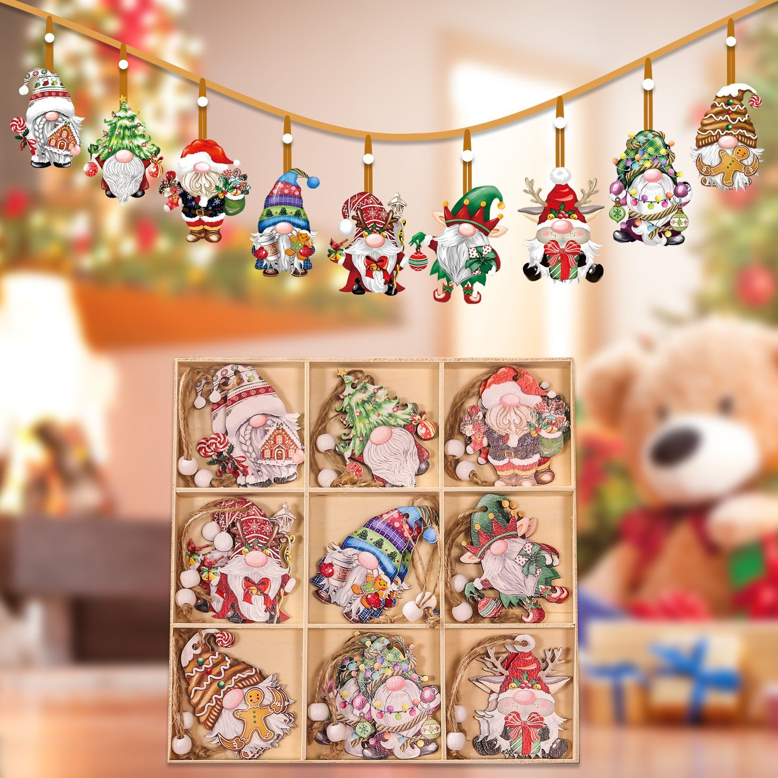 Set 18 Decoratiuni de Craciun din Lemn, cu Snur pentru Agatare in Brad, Model Gnomi, Diferite Dimensiuni, Multicolor